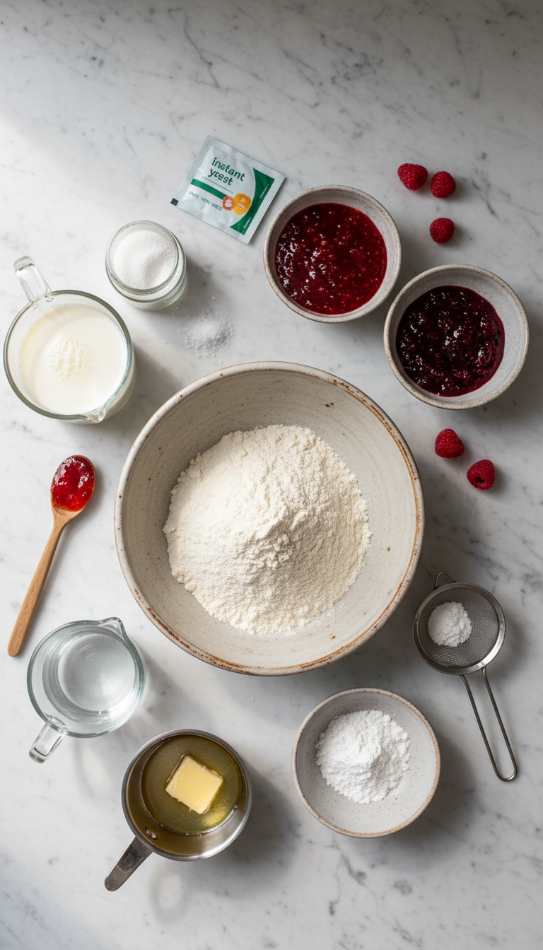Fresh ingredients laid out for Jam Donut Focaccia including flour, yeast, milk, butter, and strawberry jam