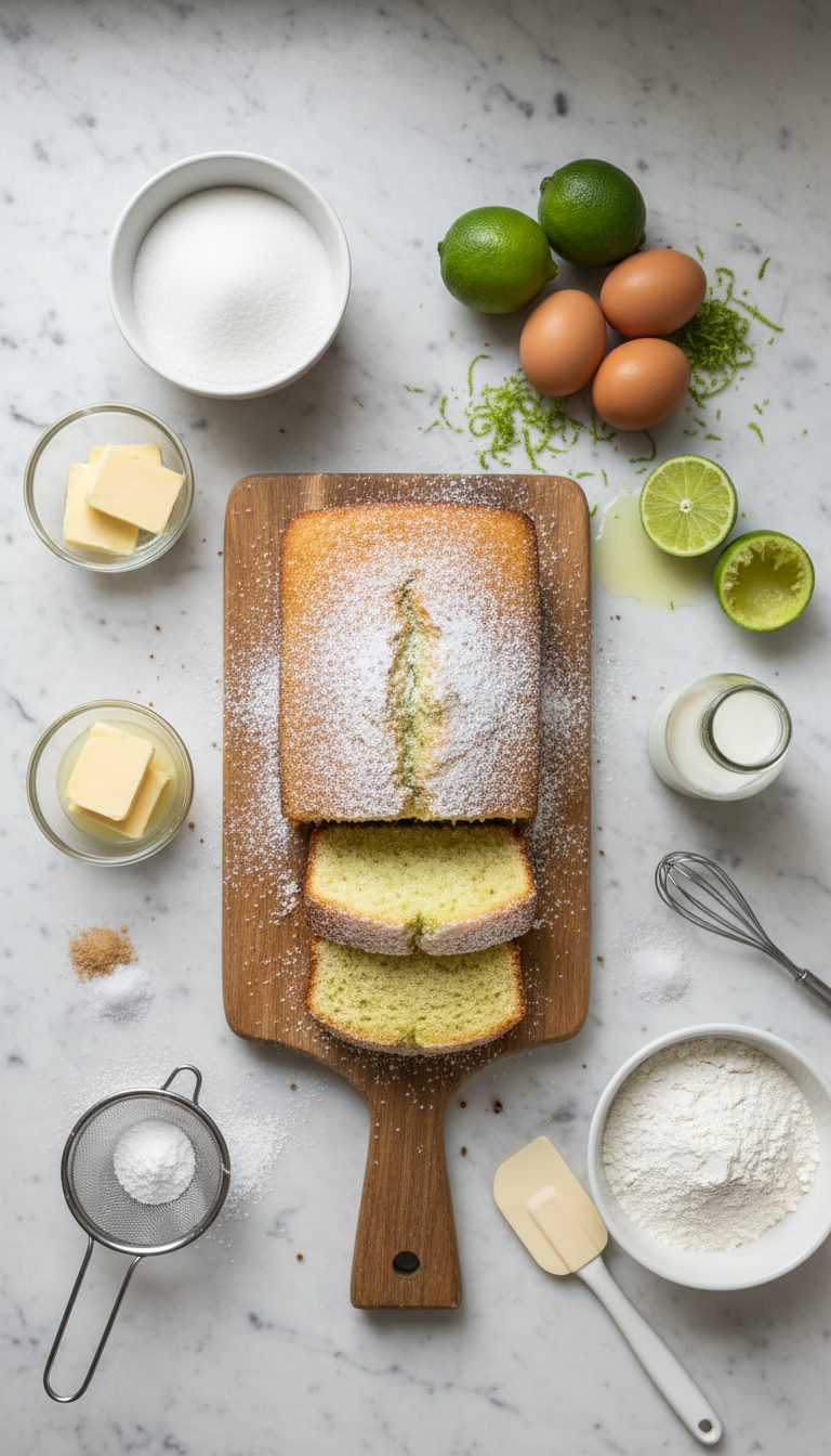 Fresh ingredients for Key Lime Pound Cake including flour, butter, eggs, lime, and sugar arranged on a marble countertop