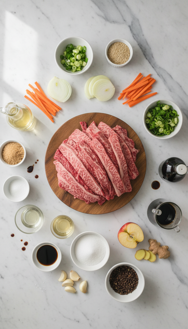 Fresh ingredients for Korean Bulgogi Beef Stir Fry including sliced beef, vegetables, and marinade components arranged on a clean cutting board