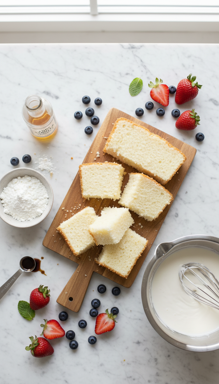Fresh ingredients for no-bake berry trifle including cream cheese, berries, and angel food cake arranged on a marble counter