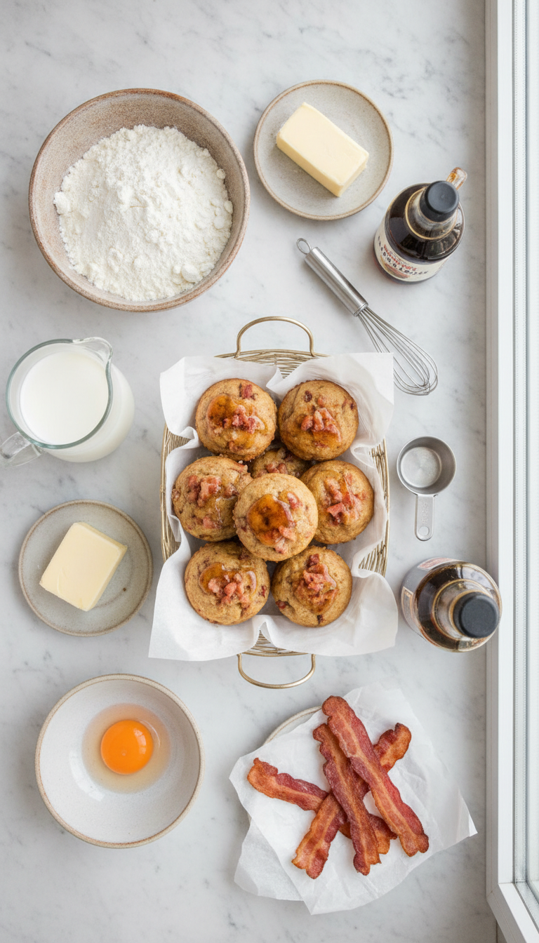 Fresh ingredients for maple bacon pancake muffins arranged on marble countertop including pancake mix, eggs, milk, maple syrup, and cooked turkey bacon