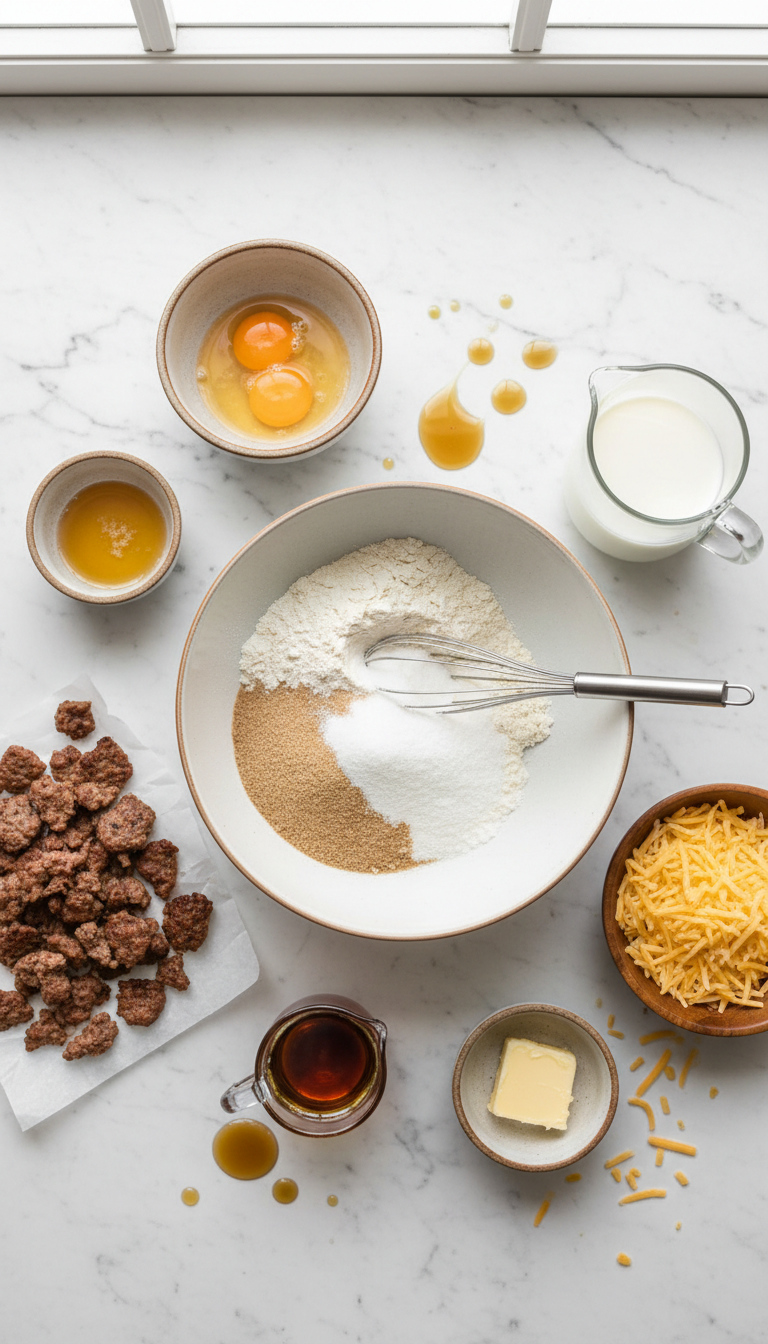 Ingredients for McGriddle Muffins Breakfast including flour, eggs, milk, maple syrup, beef sausage, and cheddar cheese arranged on a kitchen counter