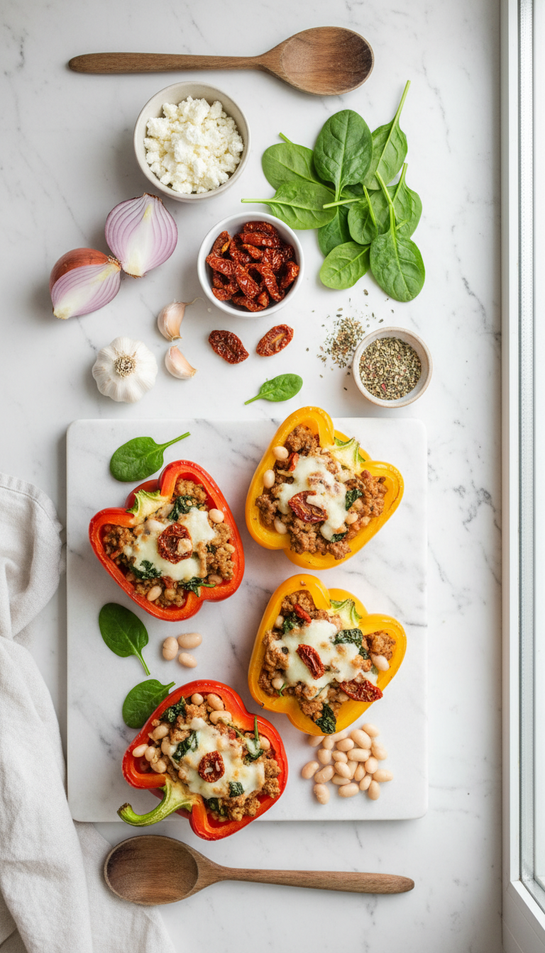 Fresh ingredients for healthy stuffed peppers Mediterranean-style including bell peppers, ground turkey, feta cheese, spinach, and Mediterranean seasonings arranged on a wooden cutting board