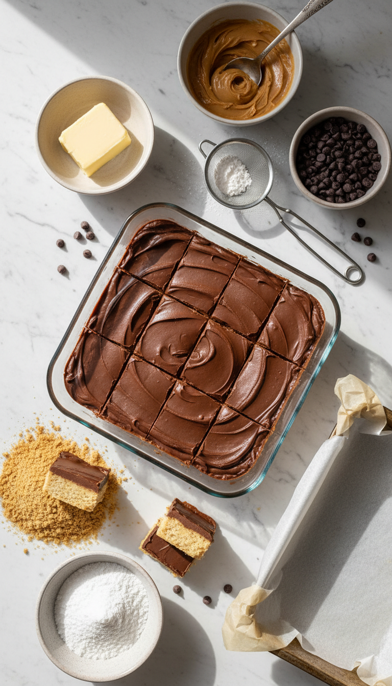 Ingredients for No-Bake Peanut Butter Chocolate Bars arranged on a marble surface showing melted butter, creamy peanut butter, powdered sugar, graham cracker crumbs, chocolate chips, and additional peanut butter for topping