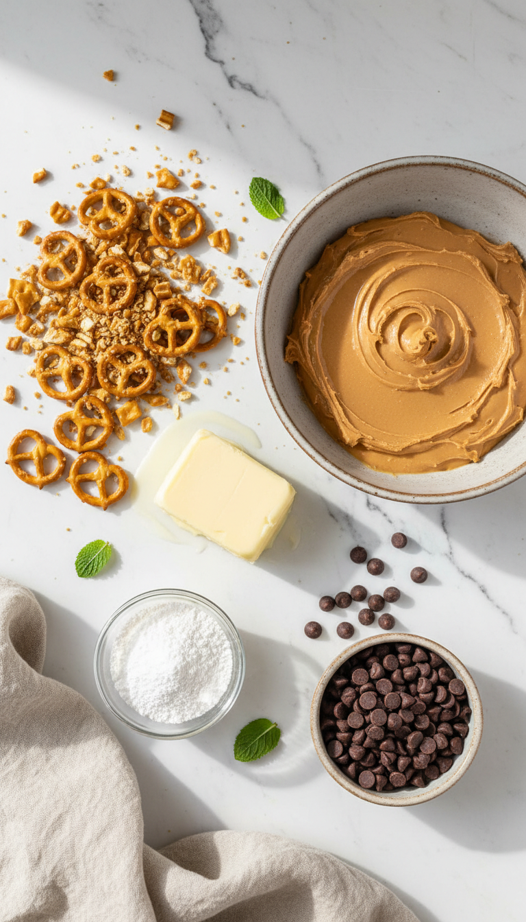 Ingredients for No-Bake Peanut Butter Pretzel Bars including melted butter, powdered sugar, creamy peanut butter, crushed pretzels, chocolate chips, and additional peanut butter for topping