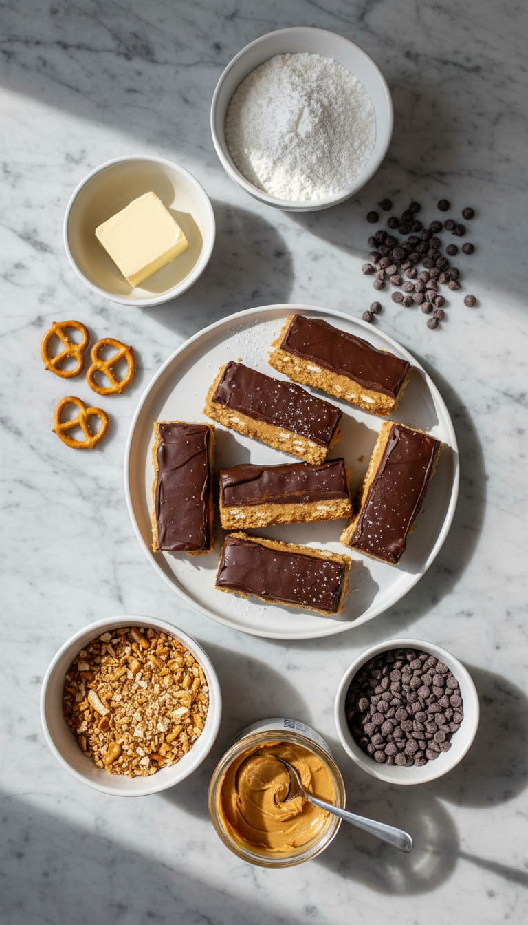 Ingredients for No-Bake Peanut Butter Pretzel Bars arranged on marble surface with measuring cups and spoons