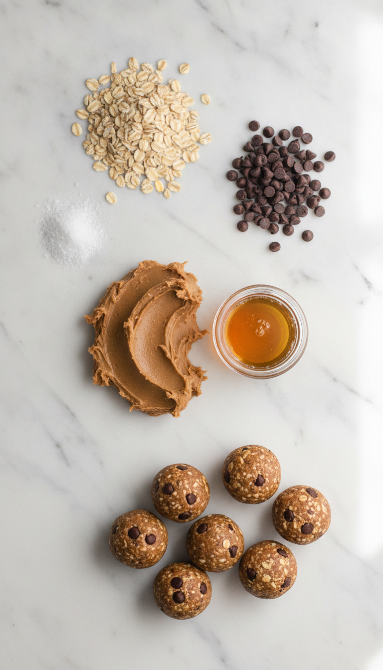 Ingredients for no bake protein balls including peanut butter, honey, oats, protein powder, salt, and chocolate chips arranged on a clean kitchen counter