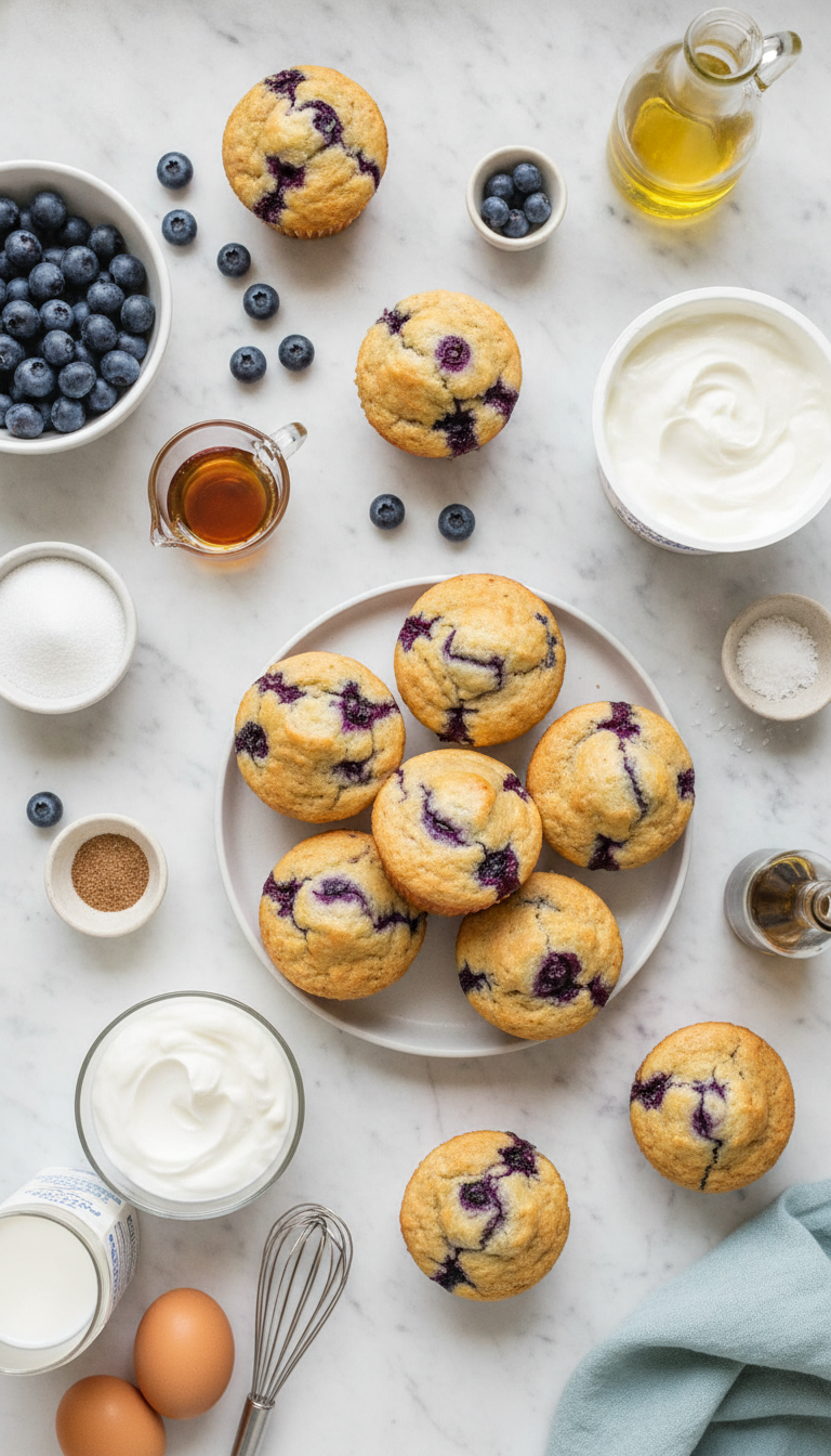 Fresh ingredients laid out for Fluffy One-Bowl Blueberry Greek Yogurt Muffins including eggs, maple syrup, Greek yogurt, and vibrant blueberries