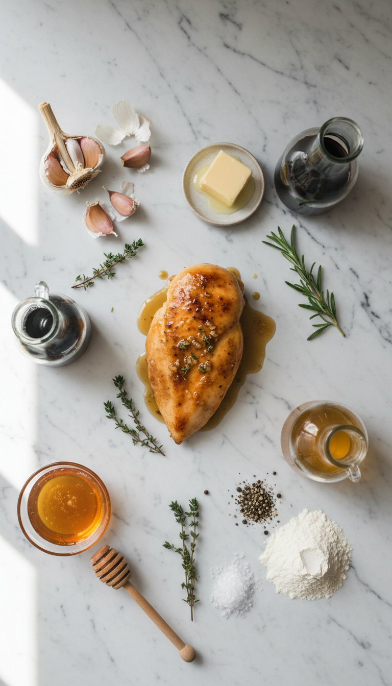 Fresh ingredients for honey garlic chicken breast arranged on marble countertop including golden honey, minced garlic, chicken breasts, and seasonings