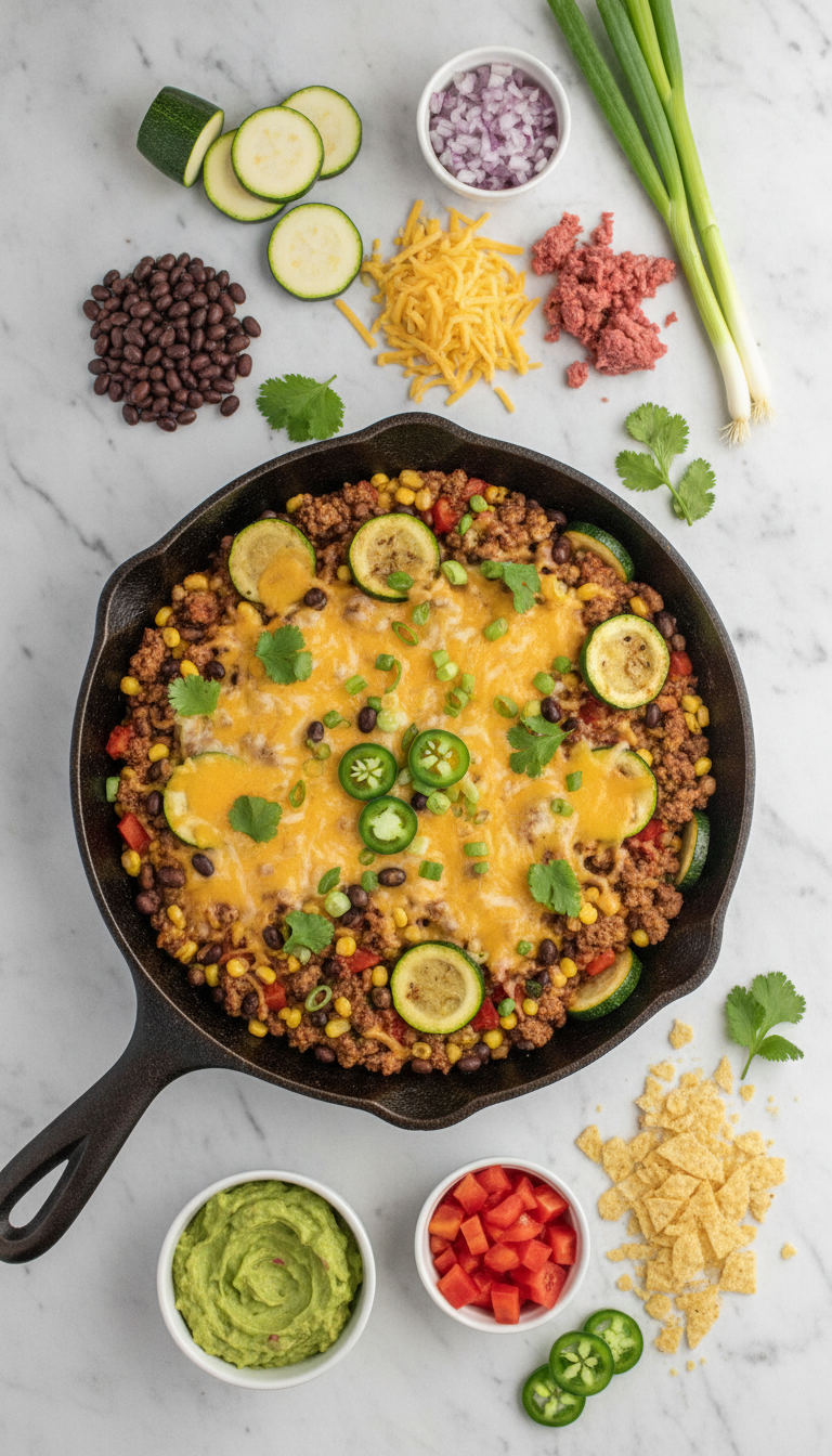Fresh ingredients for Cheesy One Pan Zucchini Taco Skillet arranged on marble surface with vibrant colors