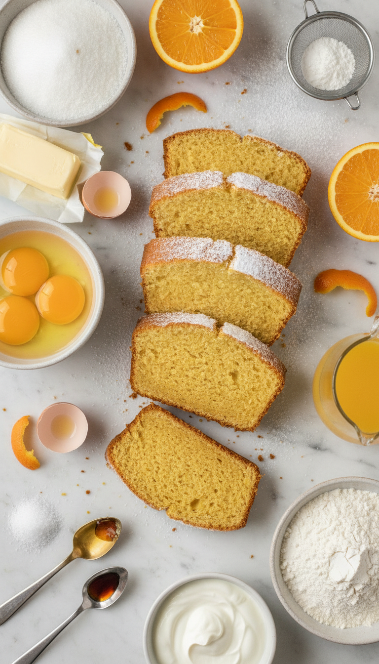 Fresh ingredients for orange bread recipe including butter, sugar, eggs, oranges, flour, and vanilla yogurt arranged on a marble countertop
