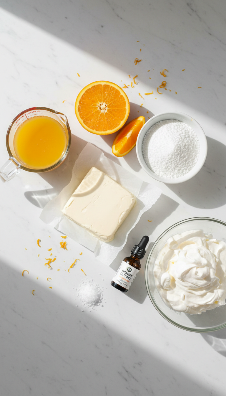 Fresh ingredients for Orange Creamsicle Mousse including cream cheese, confectioners sugar, orange, and whipped topping arranged on a marble countertop