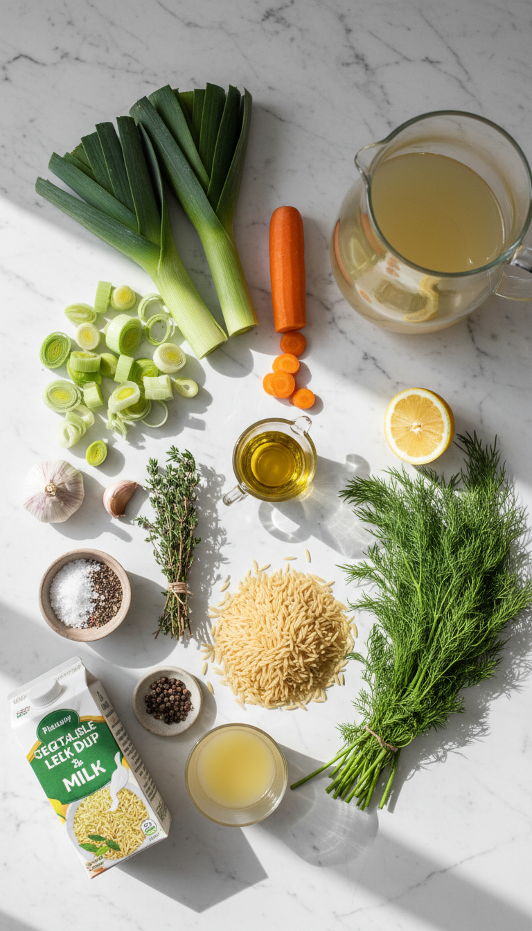 Fresh ingredients for orzo leek and dill soup arranged on a marble surface including leeks, orzo pasta, dill, and vegetables