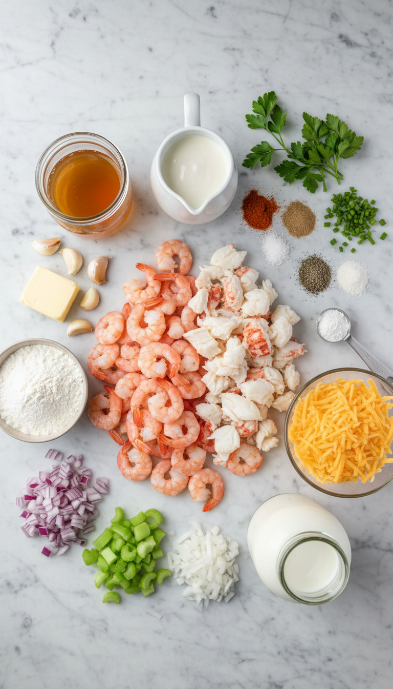 Fresh ingredients for Shrimp & Lobster Cheddar Bay Biscuit Pot Pie arranged on marble surface