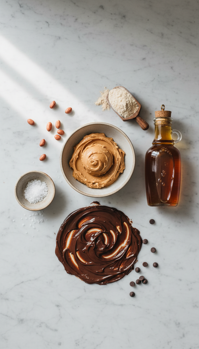 Fresh ingredients for ultimate homemade protein bars including peanut butter, protein powder, maple syrup, and chocolate chips arranged on a clean kitchen counter