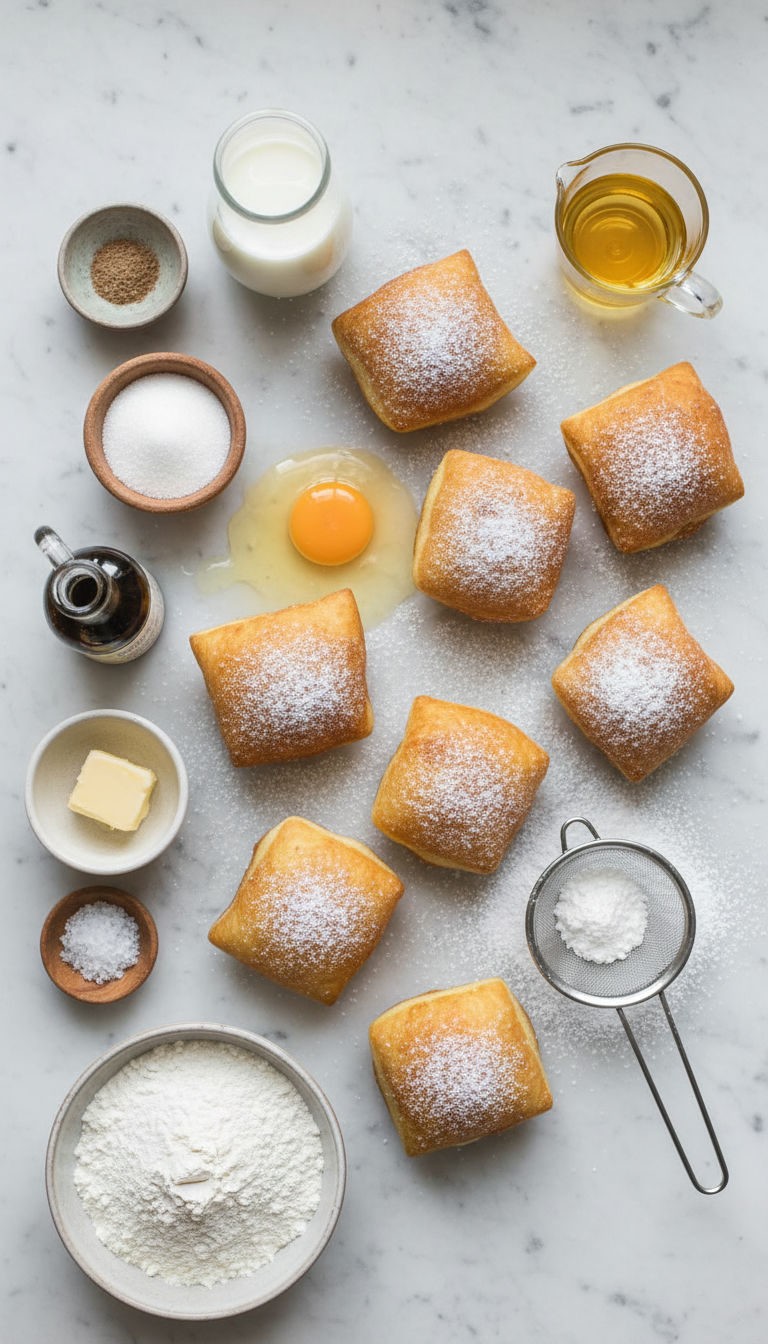 Ingredients for Vanilla French Beignets arranged aesthetically with measuring cups and vanilla extract bottle