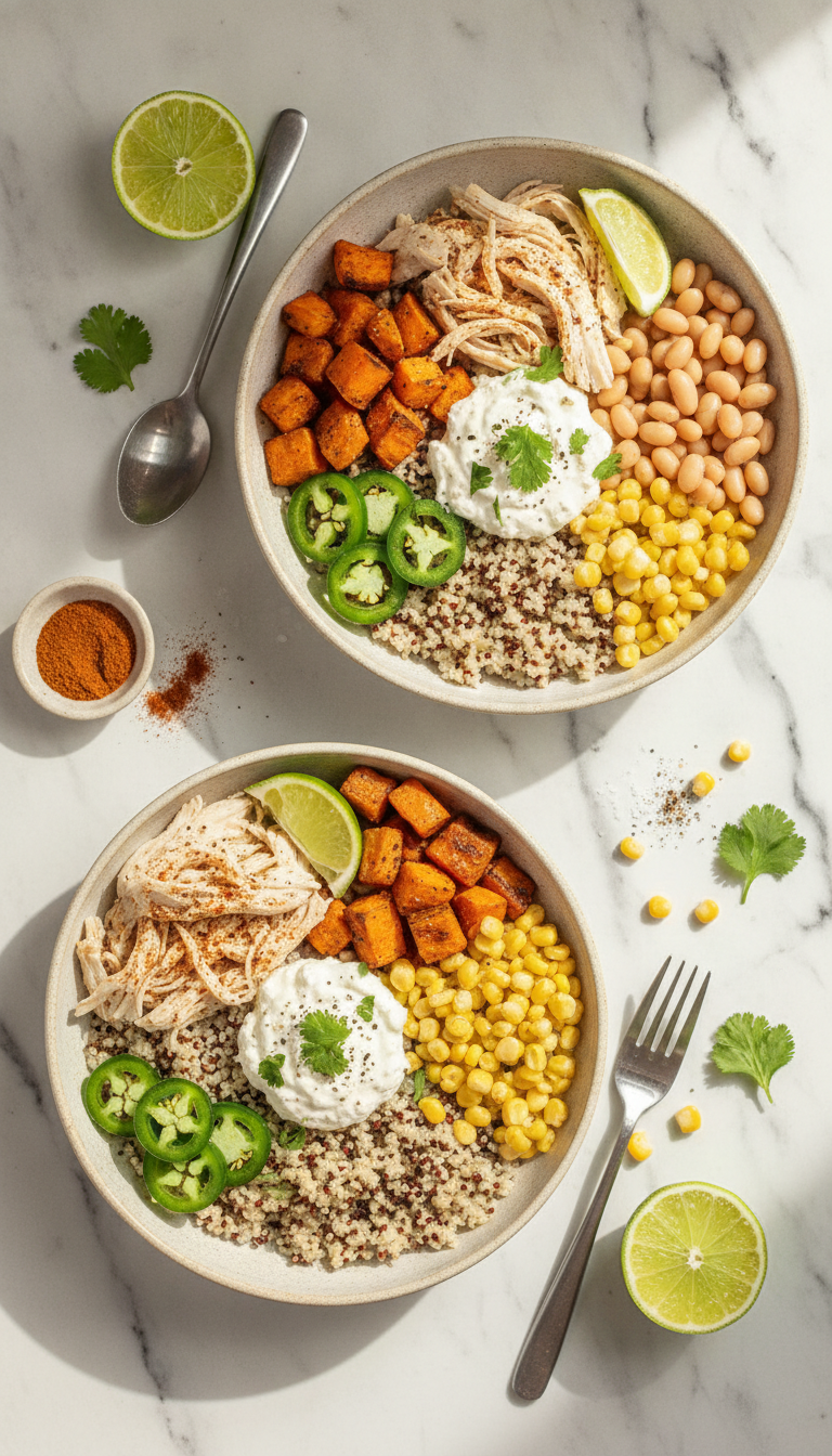 Fresh ingredients for White Chicken Chili Burrito Bowls including cubed sweet potatoes, shredded chicken, white beans, corn, jalapeños, and cottage cheese arranged on a marble countertop