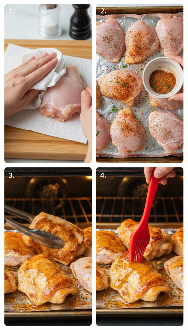 Step by step preparation photos showing chicken thighs being seasoned with paprika spice blend and brushed with honey glaze