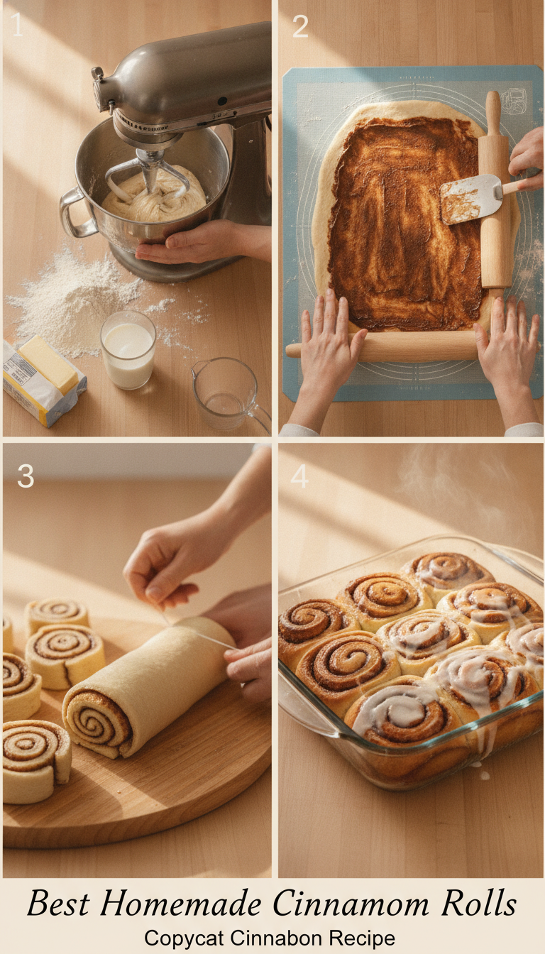 Step-by-step process of making homemade cinnamon rolls showing dough preparation, rolling, and shaping