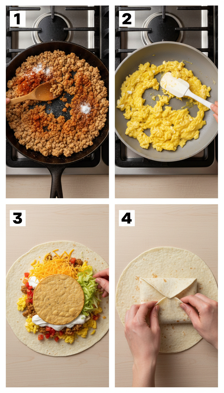 Step-by-step visual guide showing breakfast crunchwrap assembly process from ingredients to final golden-brown result