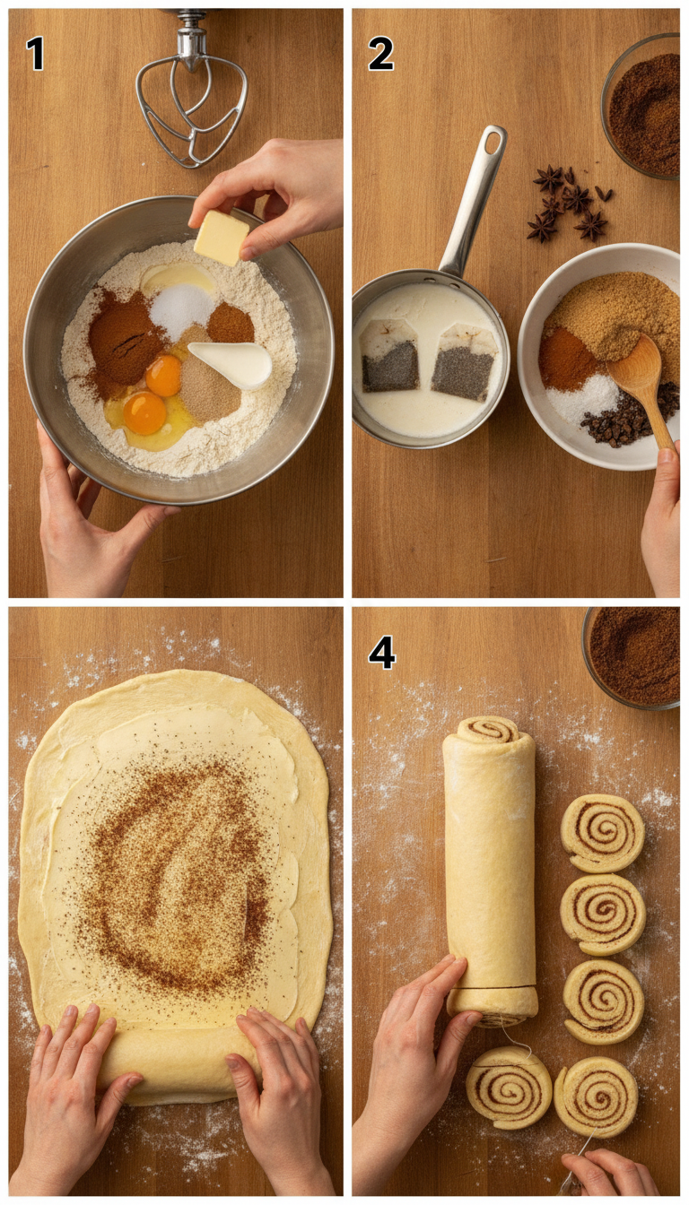 Step-by-step process of making chai cinnamon rolls showing dough preparation, rolling, and final presentation