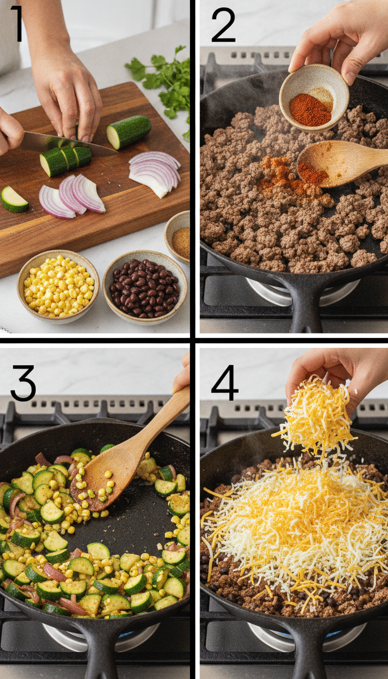 Step-by-step visual guide showing the cooking process of Cheesy One Pan Zucchini Taco Skillet