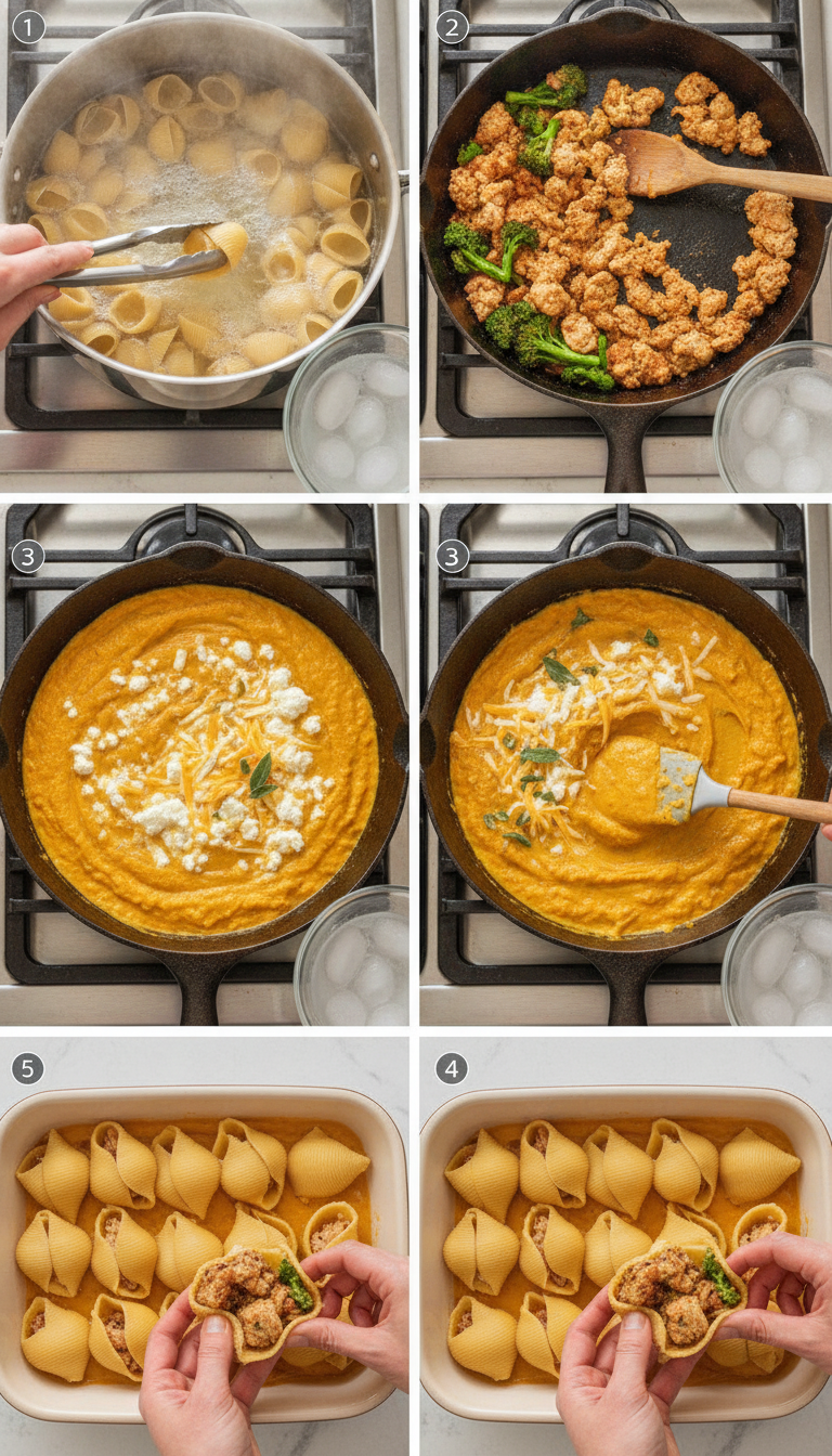 Step-by-step process of preparing cheesy pumpkin and spicy ground chicken stuffed shells