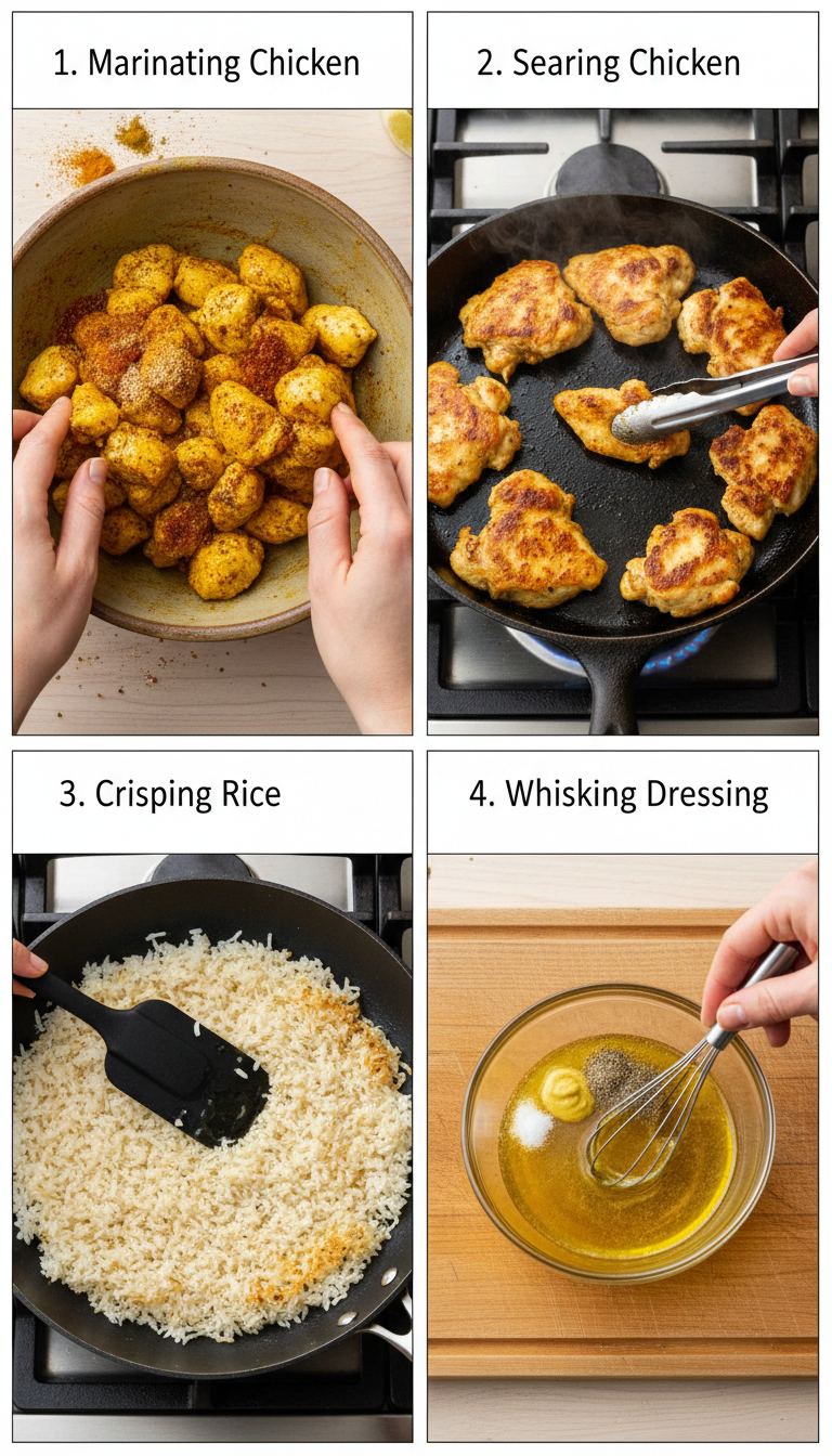 Step-by-step preparation of Chicken Shawarma Crispy Rice Salad showing seasoned chicken, crispy rice formation, and final assembly