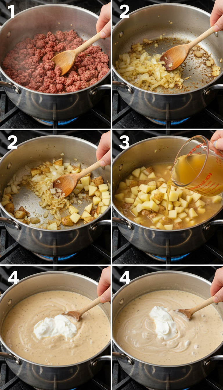 Step-by-step visual guide showing the cooking process of Classic Beef Sausage Potato Soup from browning sausage to final creamy presentation