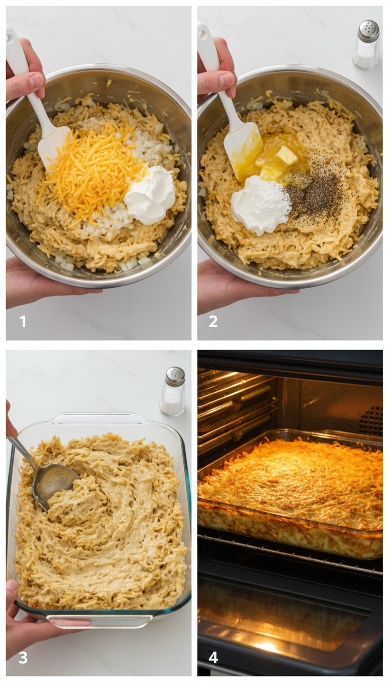 Step-by-step preparation photos showing mixing ingredients, spreading in baking dish, and the golden finished Copycat Cracker Barrel Hashbrown Casserole