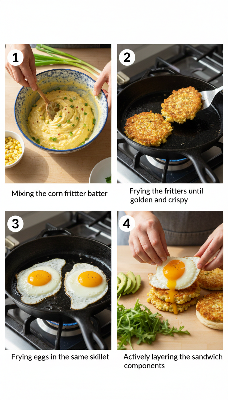 Step-by-step visual guide showing corn fritter batter mixing, cooking, and sandwich assembly process