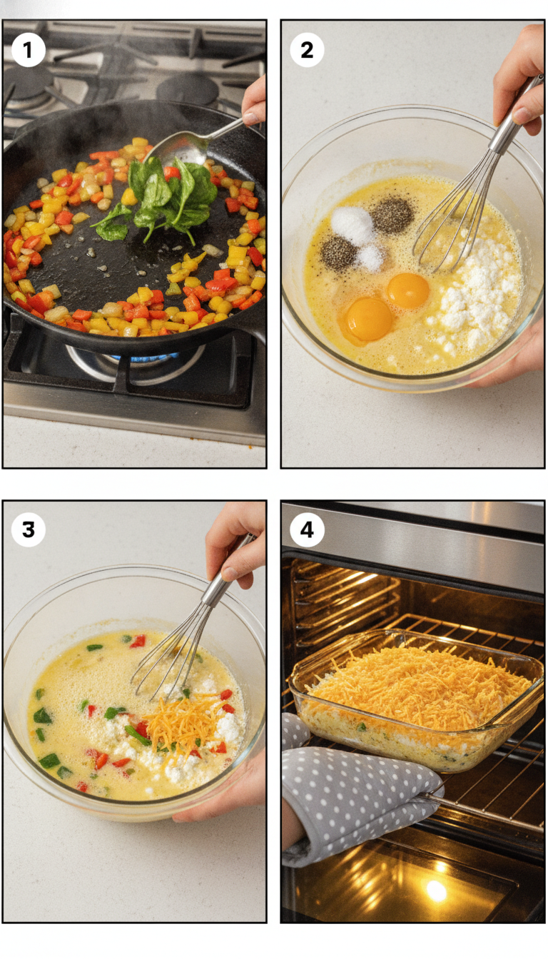 Step-by-step visual guide showing the cottage cheese egg bake preparation process from mixing ingredients to final baked result