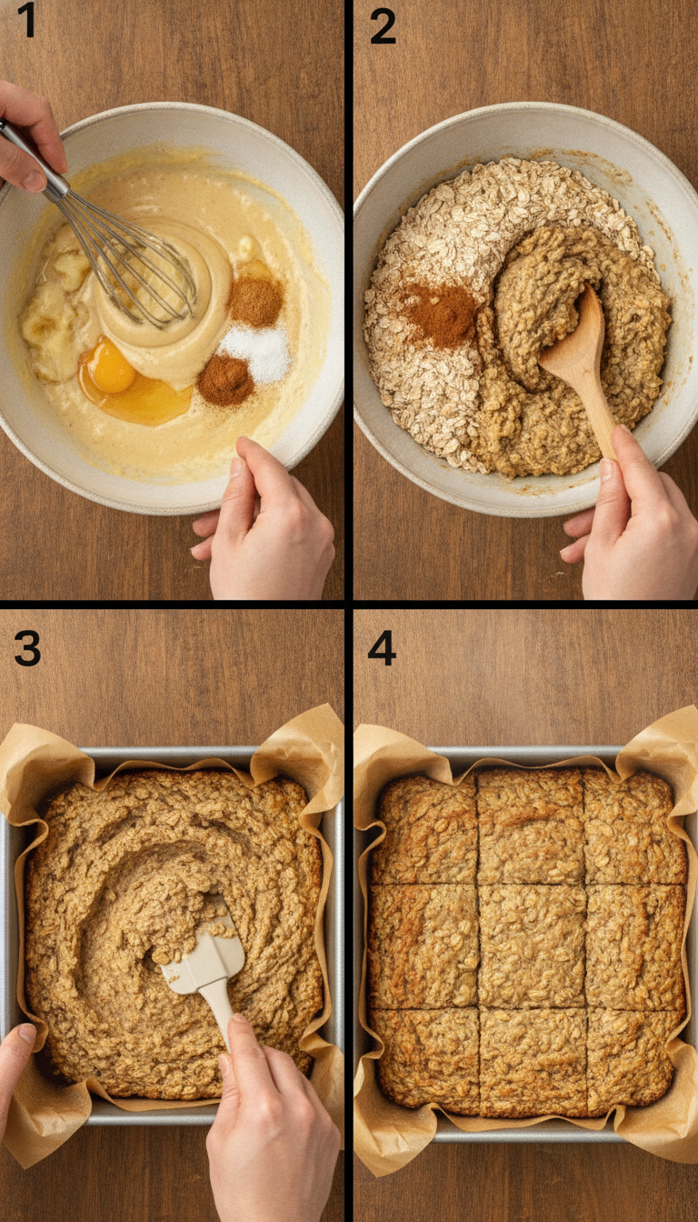 Step-by-step process showing mixing ingredients and baking cozy morning banana oatmeal bars in an 8x8 pan