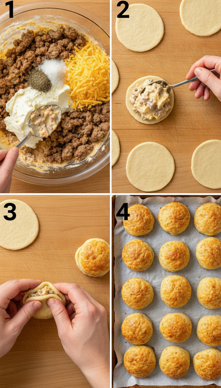 Step-by-step process of making cream cheese biscuit bites showing dough preparation, filling, and final golden baked results