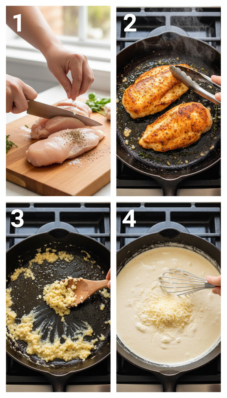 Step-by-step process of making creamy garlic parmesan chicken showing seasoned chicken, searing in pan, and creamy sauce development
