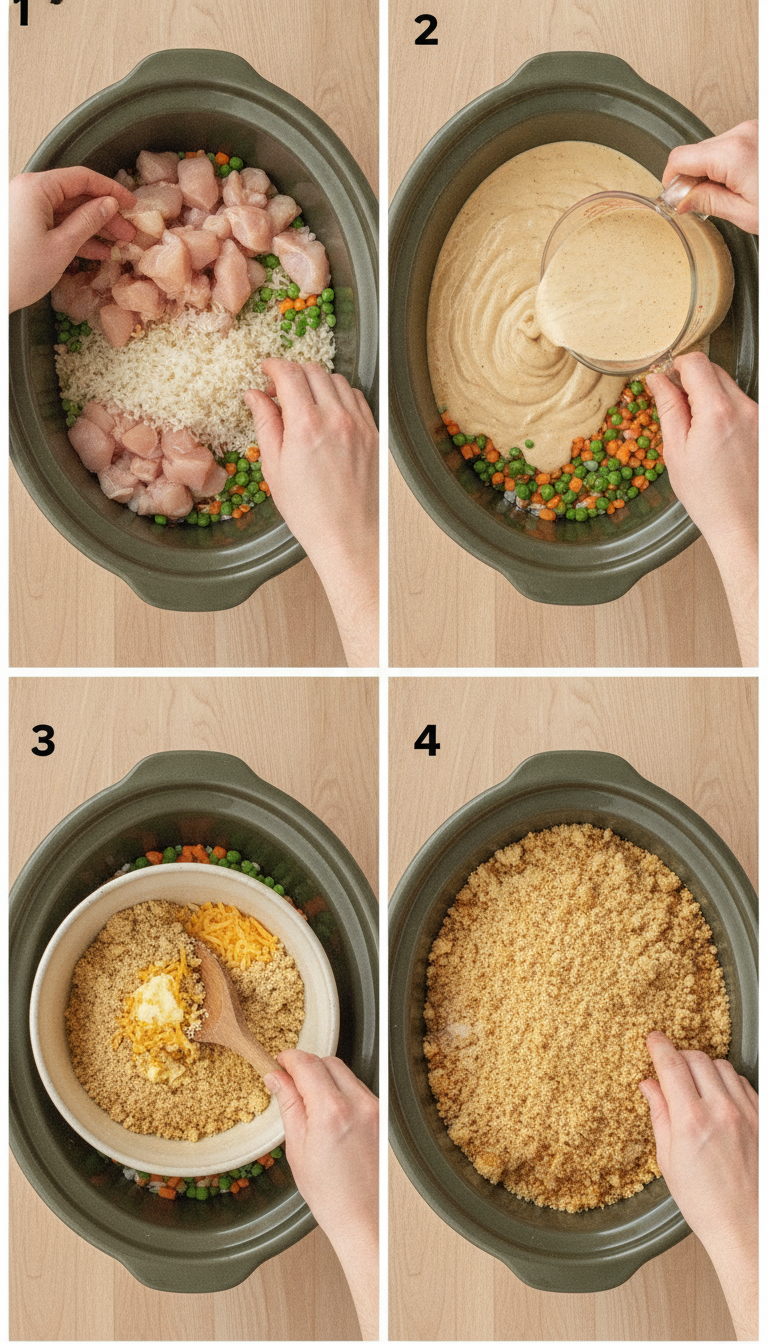 Step-by-step visual guide showing the layering process of Crock Pot Chicken and Rice from raw ingredients to finished golden-topped casserole