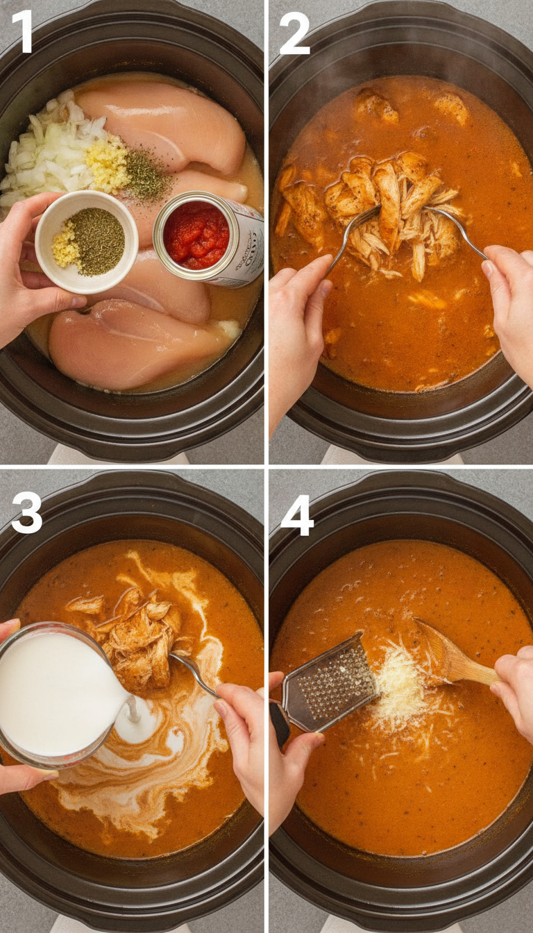 Step-by-step process of making Crock Pot Creamy Chicken Parmesan Soup