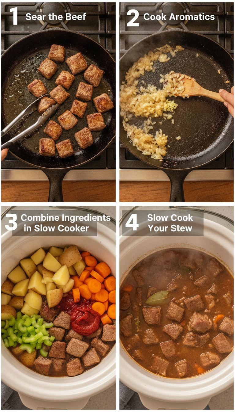 Step-by-step visual guide showing searing beef, cooking aromatics, and assembling crockpot beef stew recipe