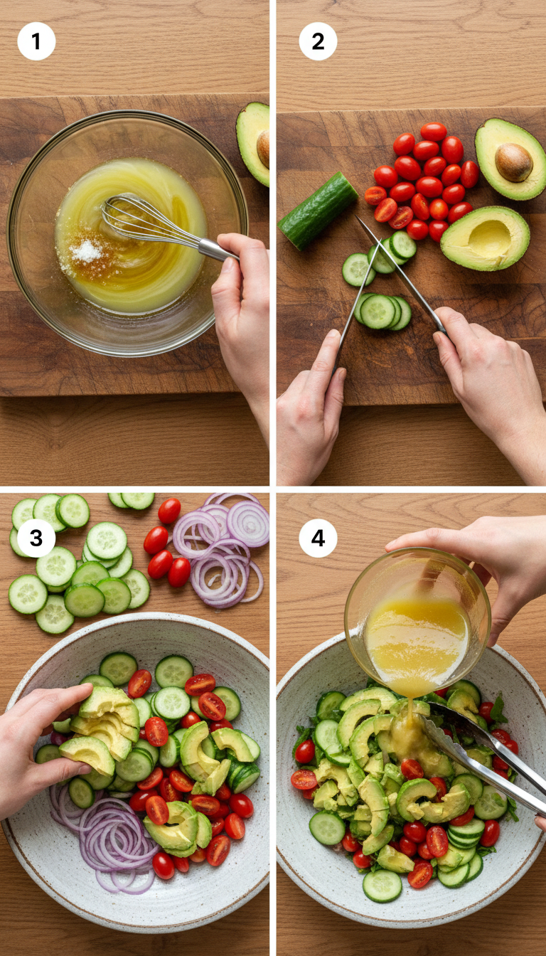 Step-by-step preparation of cucumber tomato avocado salad showing dressing preparation, vegetable chopping, and final assembly in a large serving bowl