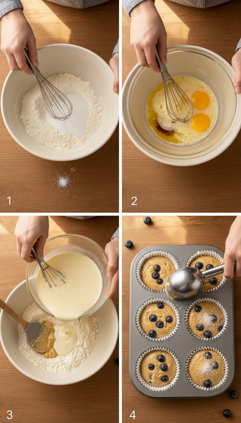 Step-by-step visual guide showing muffin batter preparation, berry folding technique, and baking process for easy blueberry muffins