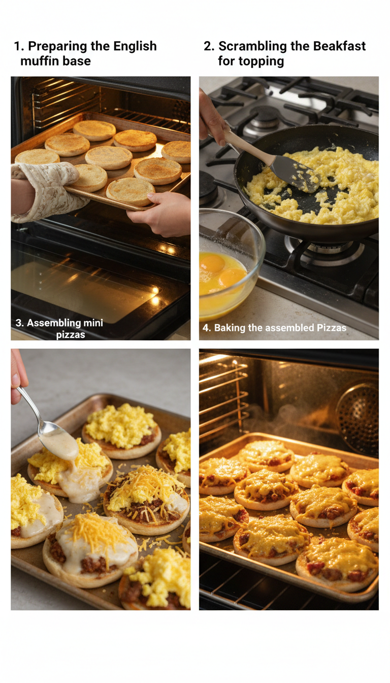 Step-by-step visual guide showing English muffin halves being topped with gravy, scrambled eggs, sausage, and cheese before baking