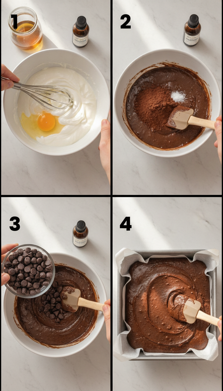 Step-by-step process showing mixing Greek yogurt brownie batter and spreading in baking pan