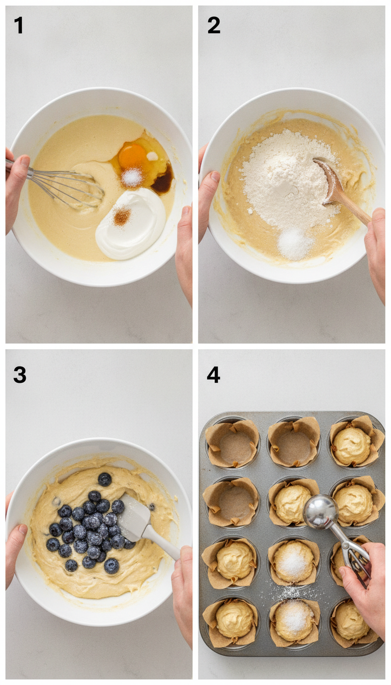 Step-by-step visual guide showing the one-bowl mixing process for Fluffy One-Bowl Blueberry Greek Yogurt Muffins