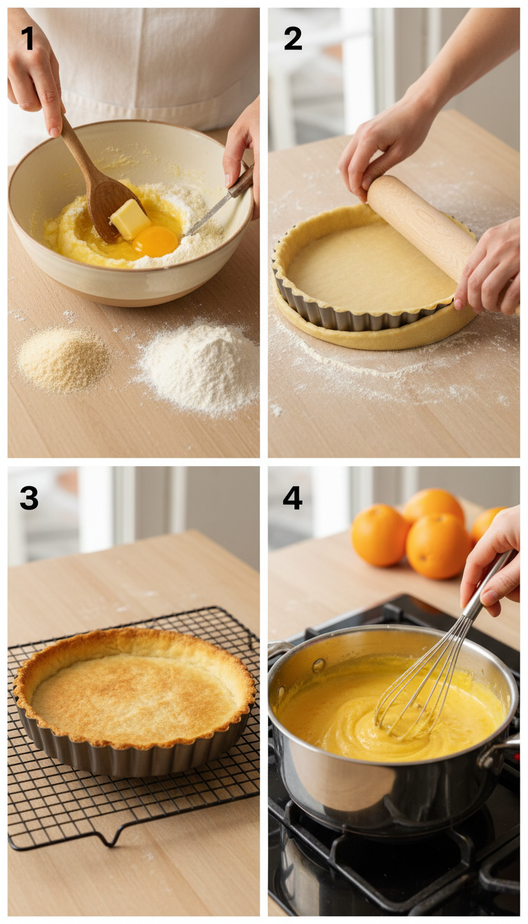 Step by step process of making French Orange Tart showing pastry preparation and orange filling stages