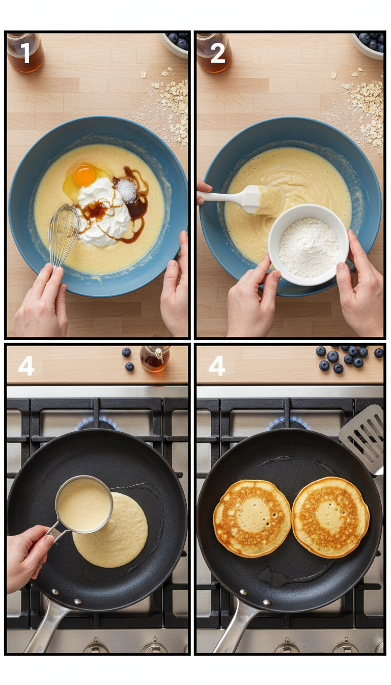 Step-by-step visual guide showing Greek yogurt pancake batter preparation and cooking process