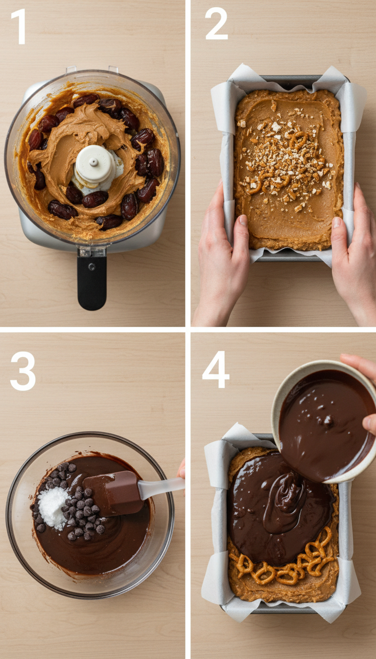 Step by step process of making healthy date candy bars showing blending dates, pressing mixture, adding pretzels and chocolate layers