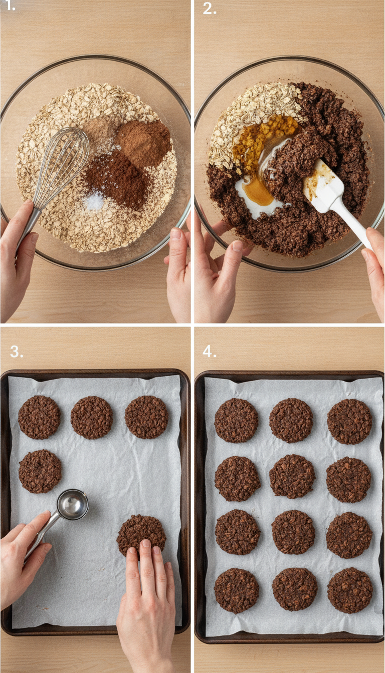 Step-by-step process showing mixing ingredients and forming healthy no-bake PB2 chocolate oatmeal cookies