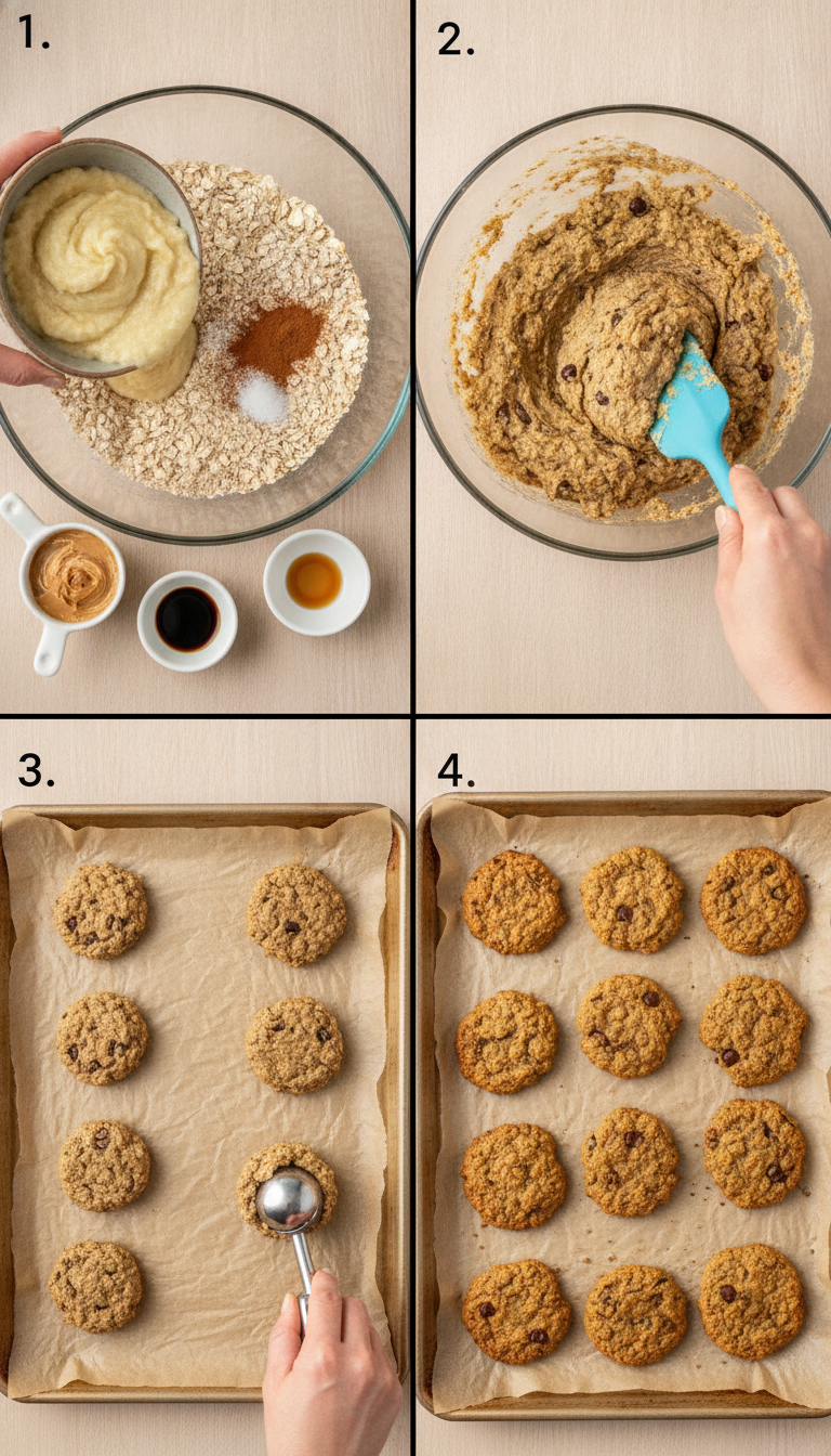 Step-by-step process of making healthy oatmeal breakfast cookies showing mixing bowl with ingredients being combined