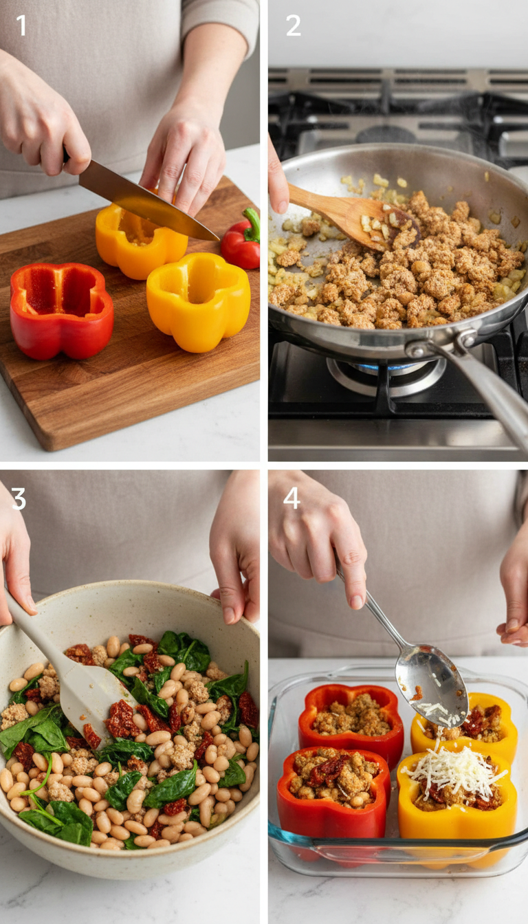 Step-by-step visual guide showing the preparation process for healthy stuffed peppers Mediterranean-style from hollowing peppers to final baked result