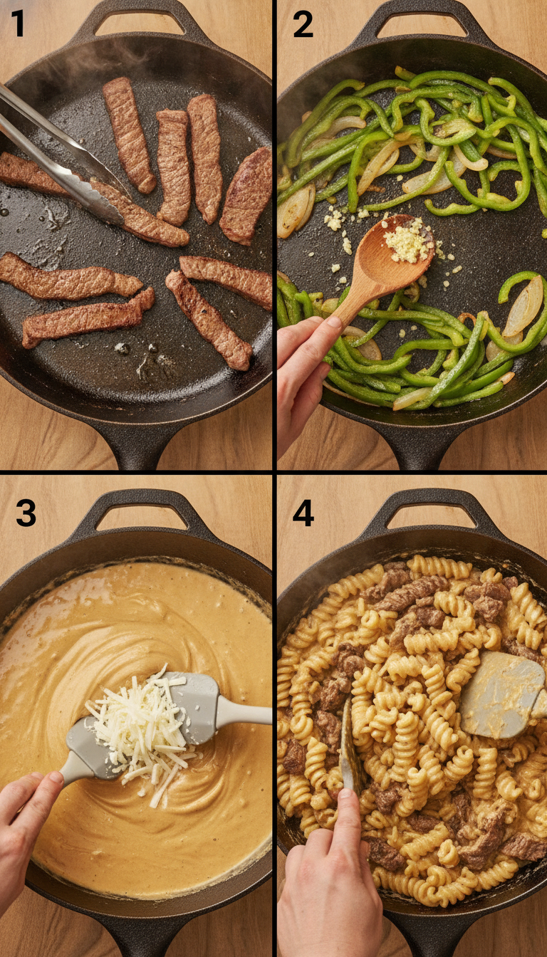 Step-by-step cooking process showing pasta cooking, steak searing, and cheese sauce preparation for high-protein philly cheesesteak mac